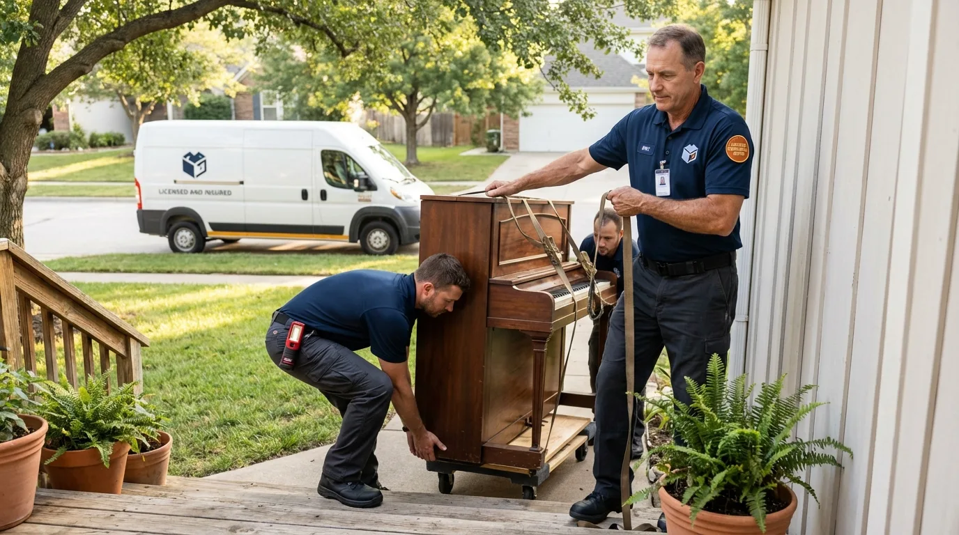 Licensed piano movers securing grand piano in Glasgow, VA