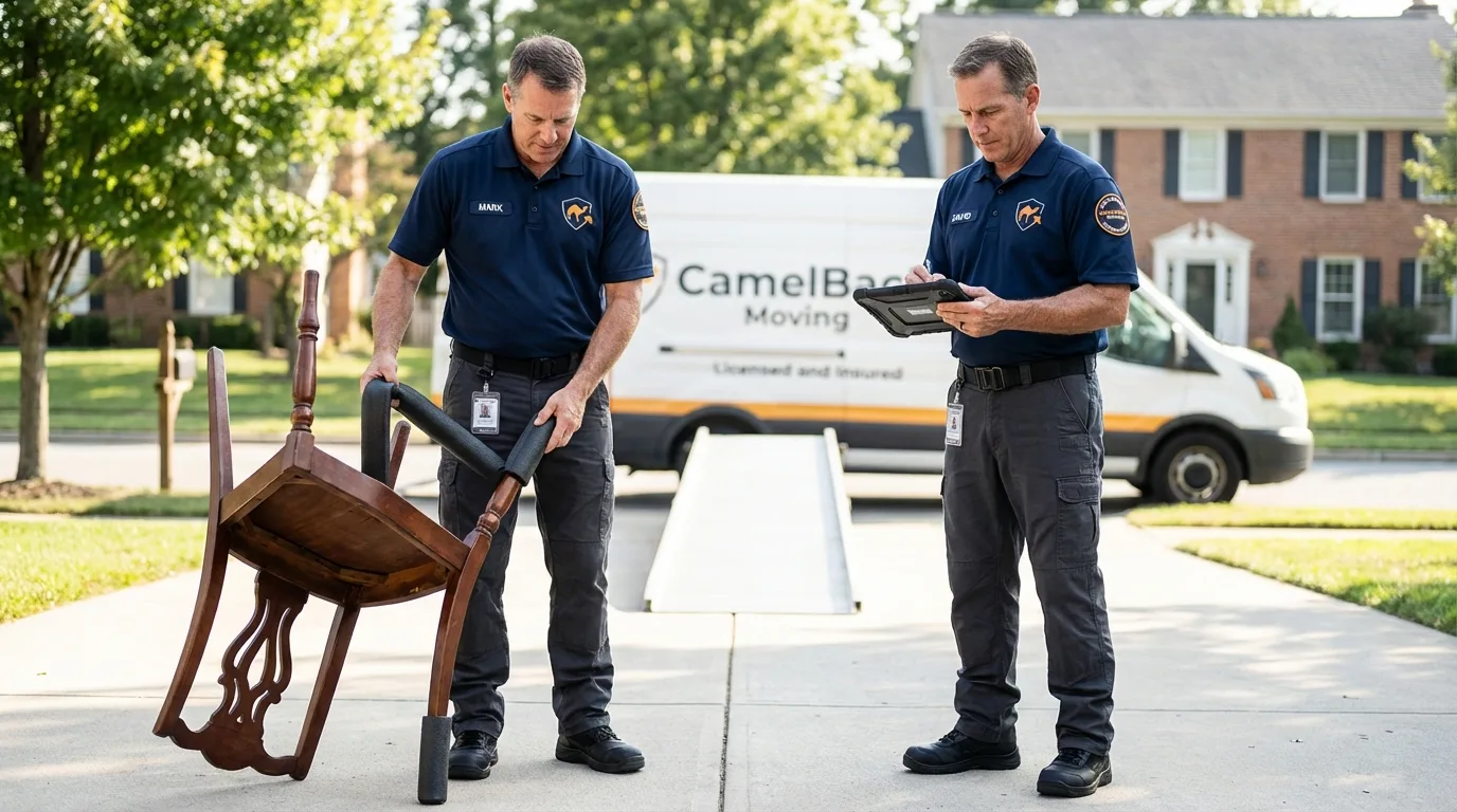 Movers inspecting furniture for damage prevention before loading in Glasgow, VA